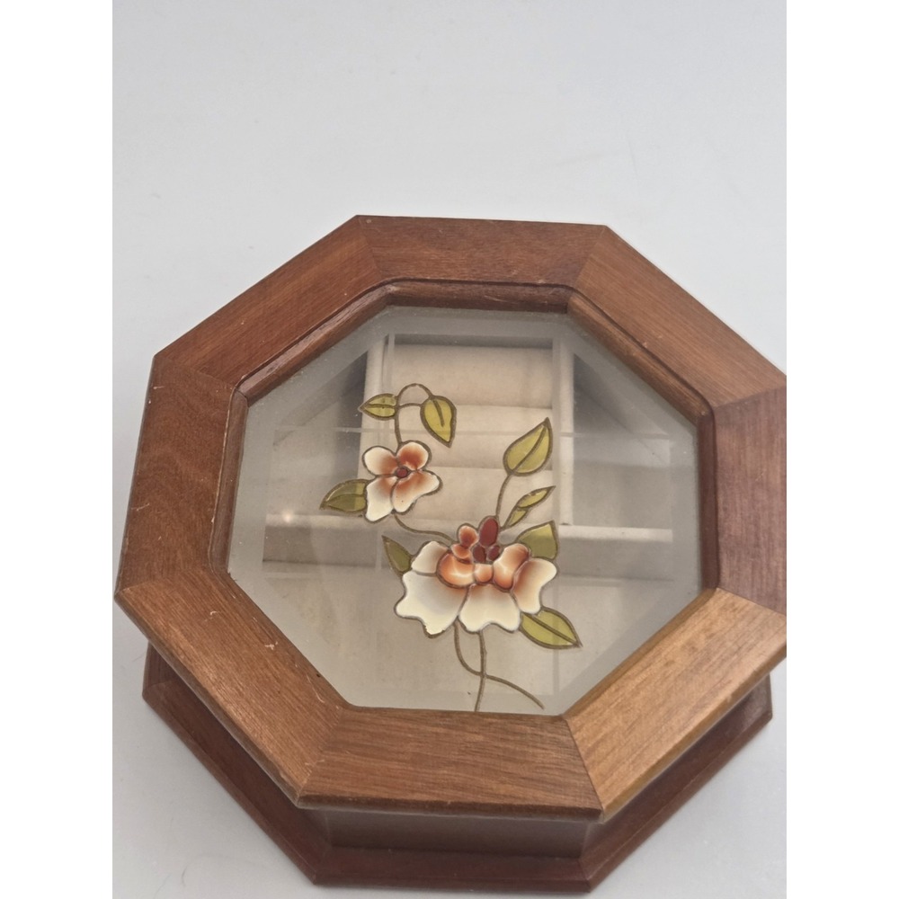 Vintage Wooden Jewelry Box With Flowers On Glass 6.5 in Octagon Lid. - Picture 10 of 10